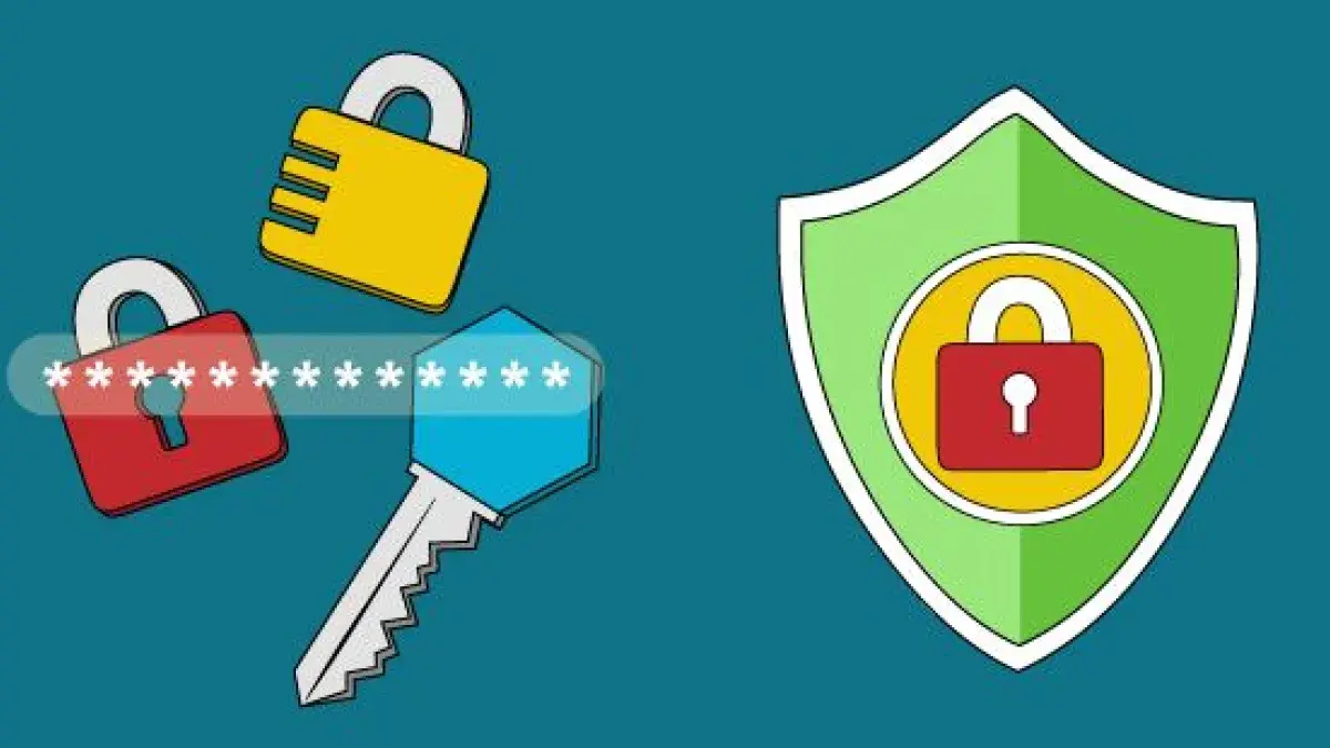 Keys and padlocks with asterisks across them and a shield with a lock on it.
