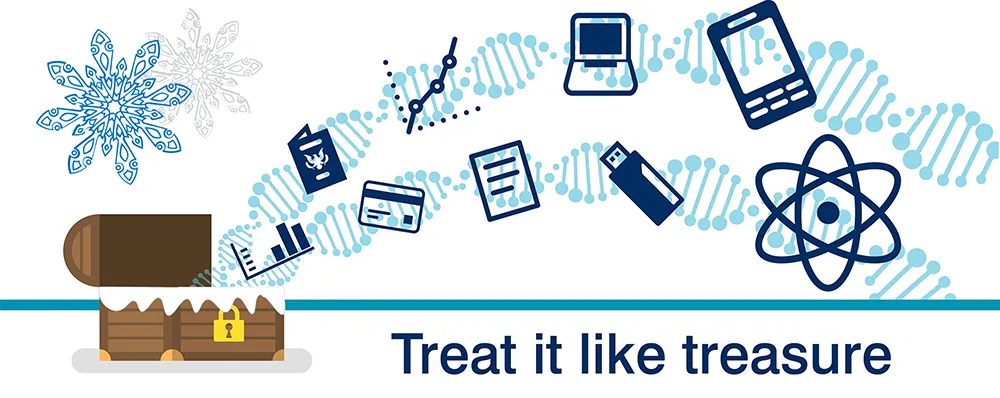 Snow covered treasure chest with different data symbols bursting out of it, underlined with the text \"Treat it like Treasure\"