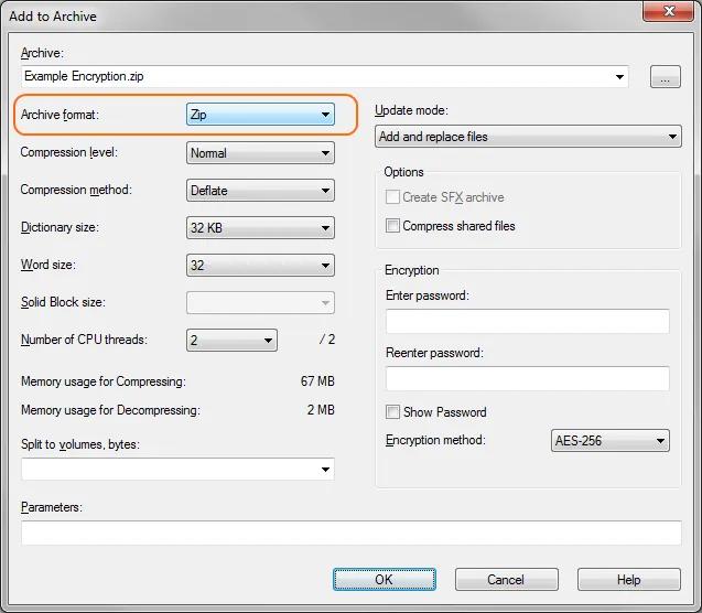 Change the Archive format to zip. Screenshot