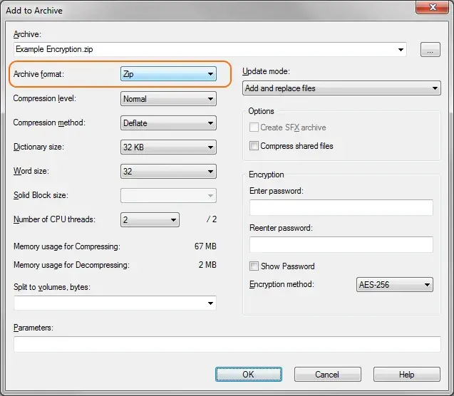 Change the Archive format to zip. Screenshot