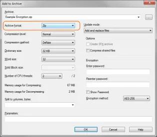 Change the Archive format to zip. Screenshot