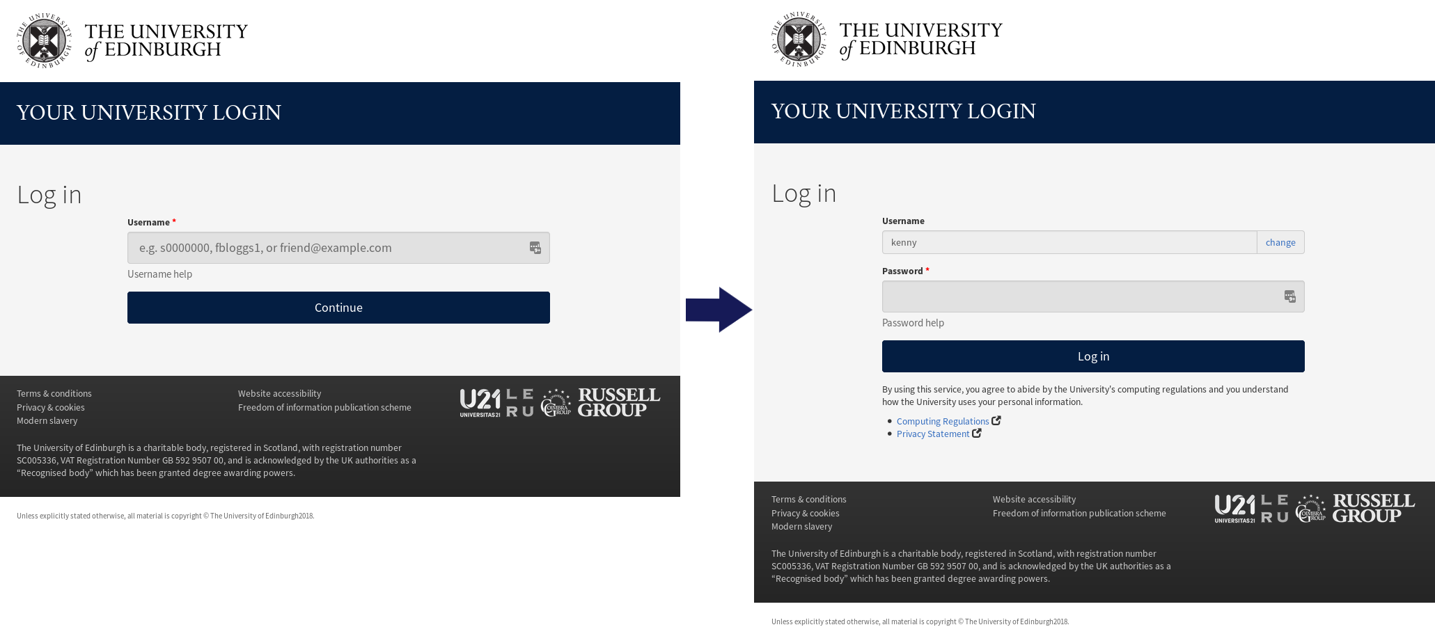 Two screenshots. Left one shows log in page with just Username field. Second shows username and password field